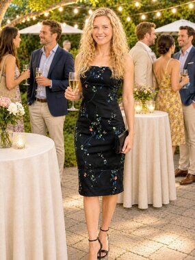 BCBG Strapless Black with Floral Pattern Dress